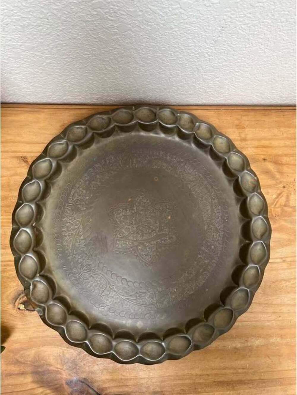 Vintage Moroccan Brass Tray 15” Patina Engraved Floral Scalloped Edge Table Top